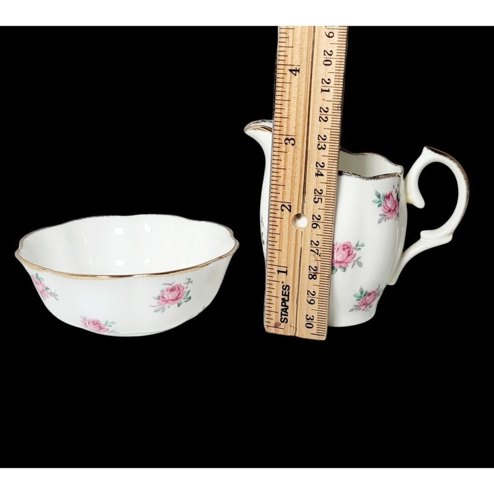 Vintage Jason Creamer and Open Sugar Bowl Pink Bud Roses Gold Trim England - Picture 5 of 8